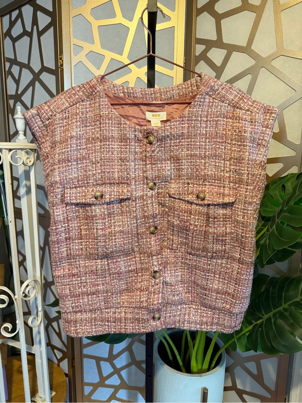 Maeve Anthropologie Pink Tweed Cropped Vest XL